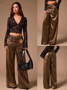 Glamine Retro Casual Women's Spring And Autumn Brown Loose Low-Waist Straight Wide-Leg Trousers, Glossy Textured Fabric, Western Cowboy Style, Casual And Versatile - Brown - View 3