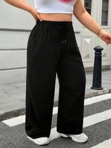 SHEIN EZwear Plus Size Elastic Waist Wide Leg Pants - Black - View 4