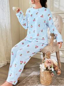 CottageSlumber Floral Print Plush Hooded Top And Long Pants Women Pajama Set - Baby Blue - View 4
