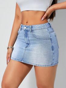 SHEIN Tall Women's Front Button Pocket Casual Denim Mini Skirt - Light Wash - View 4