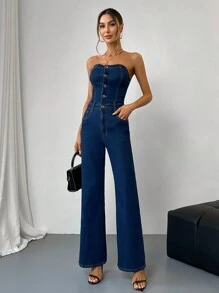 Tuta di jeans senza spalline sensuale e scollata, con gambe a zampa d'elefante, dettagli con bottoni, silhouette aderente, perfetta per feste, uscite serali o ogni volta che vuoi essere mozzafiato!