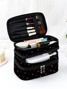 Trape Graphic 艺术家黑樱桃和蝴蝶结图案时尚可爱 3 层化妆包，用于收纳，方形化妆包，情人节