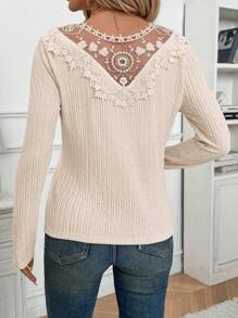 SHEIN Frenchy 女士 V 领蕾丝拼接长袖 T 恤，优雅 - 杏色 - 查看 3