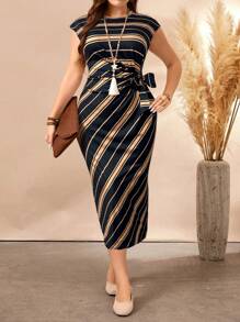 SHEIN LUNE Plus Size Women Striped Print Bowknot Collar Dress Women Outfit, For Summer - Multicolor - View 4