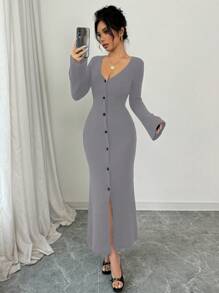 Elenzga Women Front Button Flare Sleeve Sweater Dress - Grey - View 5