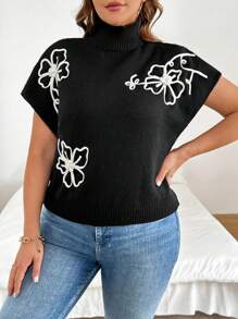 SHEIN VCAY Plus Size Floral Applique Turtleneck Elegant Short Sleeve Sweater - Black - View 4