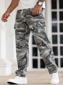 Manfinity Homme Men's Casual Outdoor Camo Cargo Pants With Flap Pockets, Autumn, Fall