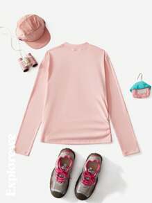 SHEIN Teen Girls' Round Neck Long Sleeve Letter Print Casual T-Shirt - Pink - View 2