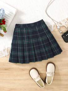 Tween Girls' Classic British Style Plaid Pleated Skirt, Casual & Versatile For American School Campus, Back To School Season