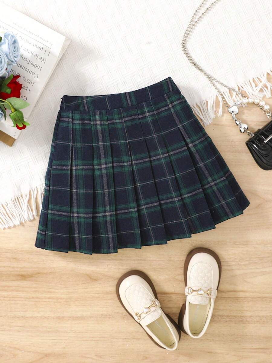 Tween Girls' Classic British Style Plaid Pleated Skirt, Casual & Versatile For American School Campus, Back To School Season