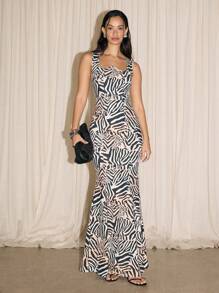 AiiRZ Curve Neckline Fitted Zebra Print Maxi Dress
