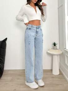 EURMUSE HIGH RISE WIDELEG FIT LIGHT BLUE JEAN - Medium Wash - View 5