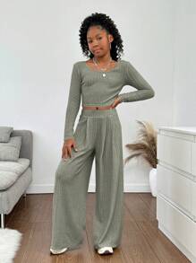SHEIN Leap Crew Tween Girl Ribbed U-Neck Long Sleeve T-Shirt & Loose Wide-Leg Pants 2Pcs Set - Mint Green - View 7
