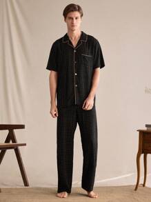 EverLounge Men's Pajama Set Featuring Short Sleeve Top And Long Pants - Multicolor - View 1