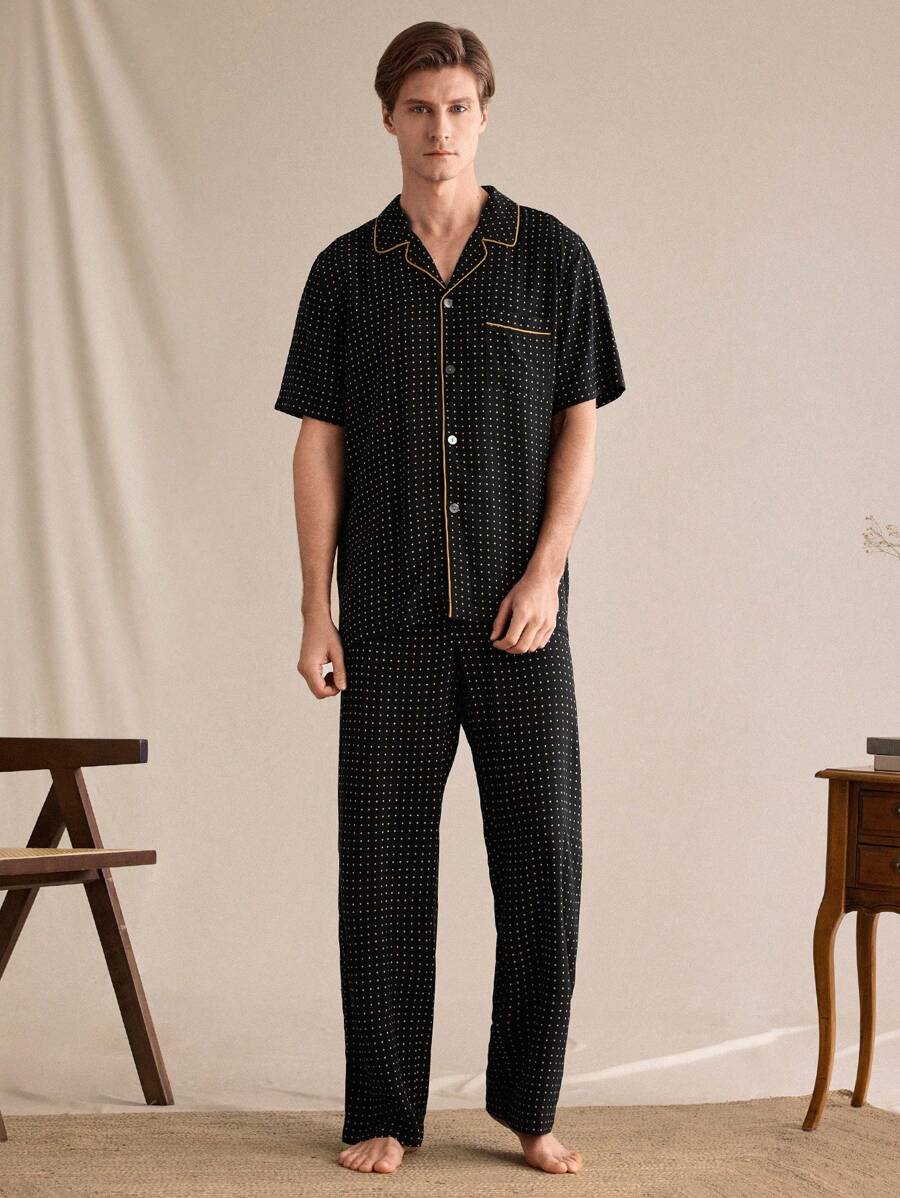 EverLounge Men's Pajama Set Featuring Short Sleeve Top And Long Pants - Multicolor - View 1