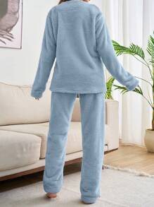 RueChic 2pcs Plush Bear Embroidery Detail Homewear PJ Set - Baby Blue - View 2