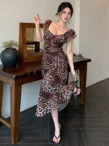 DAZY 100% Chiffon Leopard Print Ruffle Patchwork Women Short Sleeve Dress Summer Sundress Vacation Outfits Women - Brown - View 5