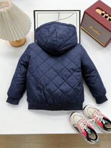 SHEIN Leap Crew 1pc Young Boys' Casual College-Style Hooded Padded Coat, Soft, Practical, Versatile, Suitable For Daily Wear, School, Outings, Sports In Autumn/Winter Boy Jackets Autumn Winter - Navy Blue - View 2
