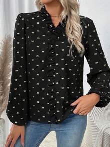 SHEIN Clasi 女士优雅休闲/通勤金箔蝴蝶结装饰印花荷叶边泡泡袖衬衫 - 黑色 - 查看 4