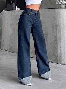EURMUSE Casual Rolled Up Wide Leg Washed Jeans - Dark Wash - View 3