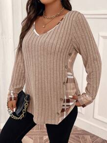 SHEIN LUNE 格纹印花纽扣细节 T 恤图案 T 恤女式上衣 - 卡其色 - 查看 4