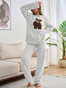 SHEIN Cottnline 2pcs Plush Bear Embroidery Detail Homewear Lounge PJ Set White And Brown White Autumn Cute Casual - White - View 6