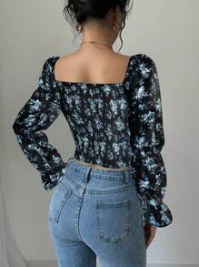 Rafferiza Áo sơ mi nữ cổ vuông tay loe họa tiết hoa màu trắng có dây rút - màu đen - Xem 2