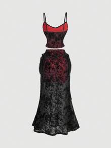 SHEIN MOD 2pcs Set Spaghetti Strap V-Neck Ruffle Trim Semi-Sheer Cropped Top And Ruched Waist Fishtail Hem Skirt, Dress De Carnival Elegant, Conjuntoes Elegant, Sexy Club Outfits Women, Two Pieces Outfit Women, Sexy Dresses For Women