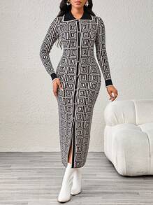 SHEIN Lady Váy len nữ cổ sơ mi và vạt áo hở có họa tiết hình học - Nhiều màu - Xem 4