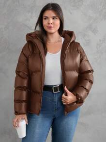 EURMUSE Damen Übergangsjacke mit Reißverschluss und Kapuze, gefüttert, aus PU-Material, Große Größen - Braun - Übersicht 5