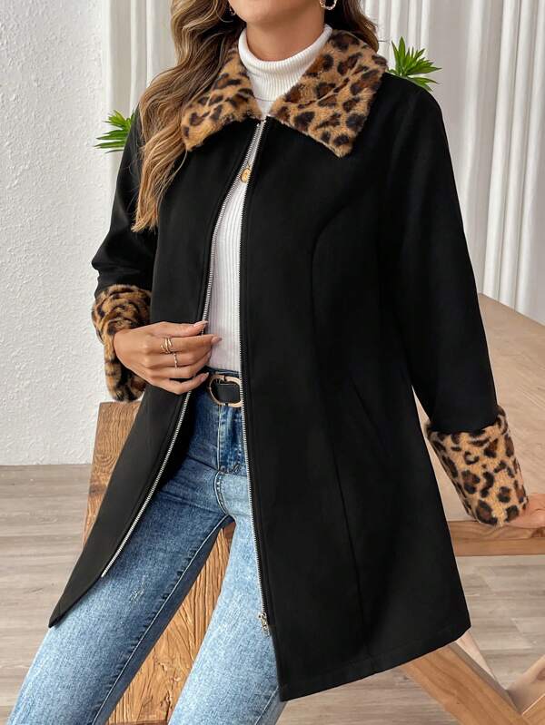 EMERY ROSE Abrigo de invierno con cremallera, exterior con panel de pelo y estampado de leopardo para mujer