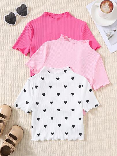 paquete de 3 camisetas de manga corta casuales con cuello alto y dobladillo acanalado de color sólido para niñas preadolescentes