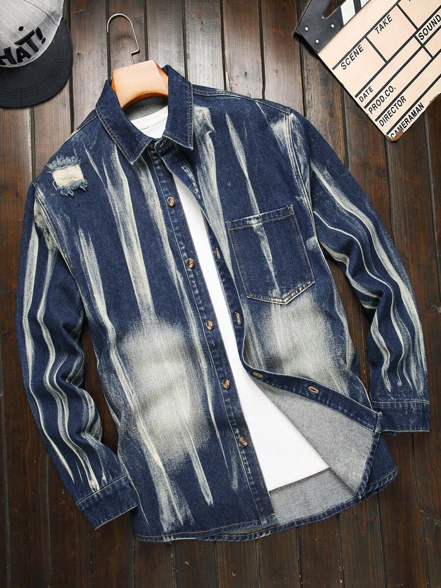 Manfinity Homme Men Allover Print Patch Pockets Button Front Ripped Casual Long Sleeve Denim Shirt, Fall - Blue - View 1
