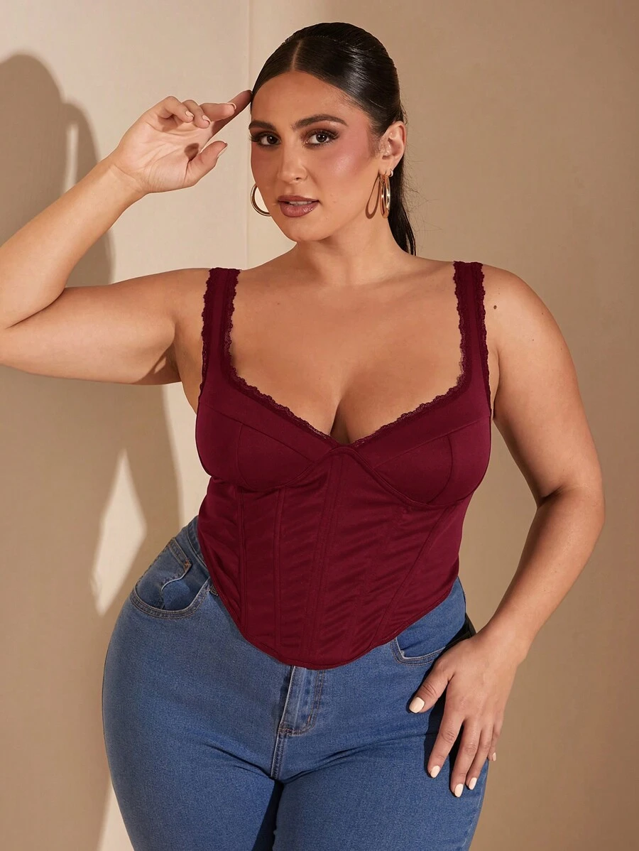 SHEIN BAE Plus Size Fall Sweet Sexy Elegant Woman Black Lace Lace Neckline Fishbone Corset Corset Party Top Work Top - Burgundy - View 1