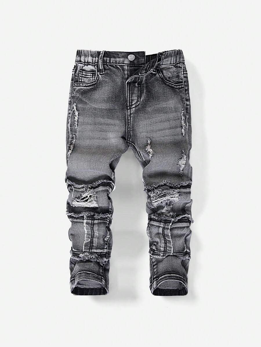 SHEIN Young Boy Fashion Street Cool Ripped Frayed Splicing Raw Edges Light Grey Skinny Jeans With Distressed Details,For Kids Fall/Winter Outdoor Wear Outfits Ripped Jeans For Boysboys Clothes Jeansboys Ripped Jeansboys Clothes Kids Jeans