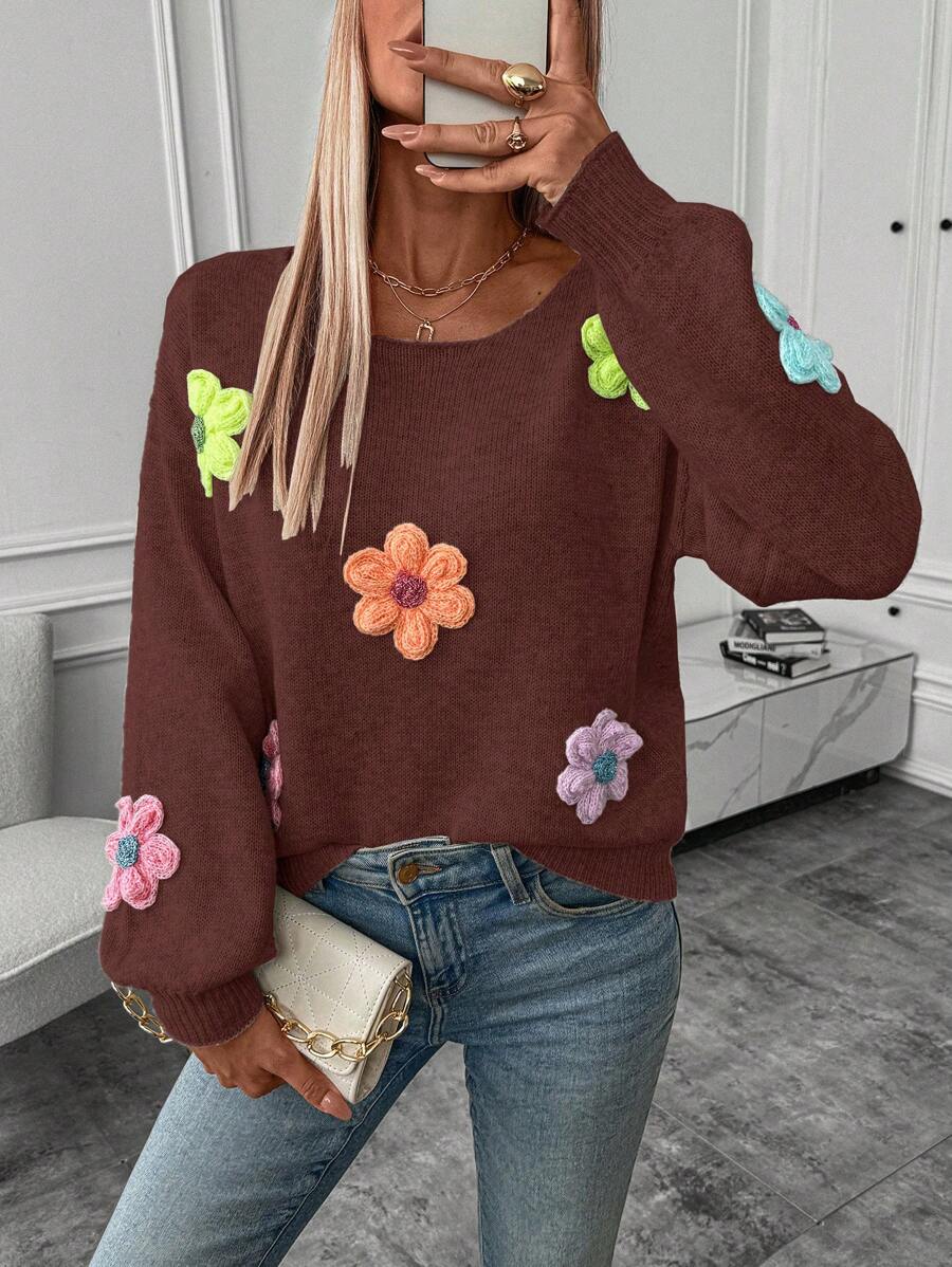 SHEIN LUNE Women 3D Floral Round Neck Long Sleeve Sweater - Rust Brown - View 1