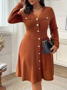 Vionelle Women Plus Size Button Design Long Sleeve V-Neck A-Line Dress Fall Cloth For Women - Brown - View 7