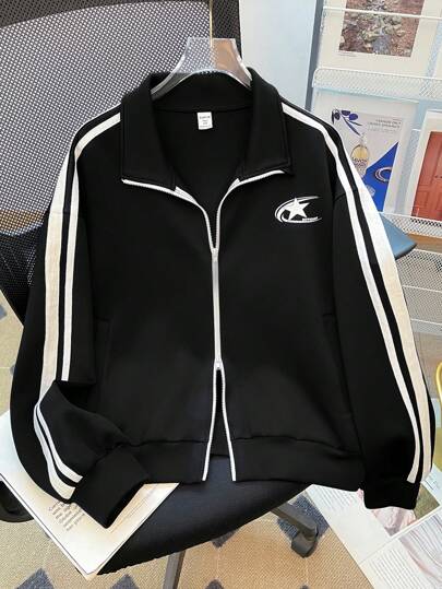 SHEIN 少女针织分层拉链立领白色条纹罗纹饰边长袖学院风夹克，厚面料，秋冬过渡装