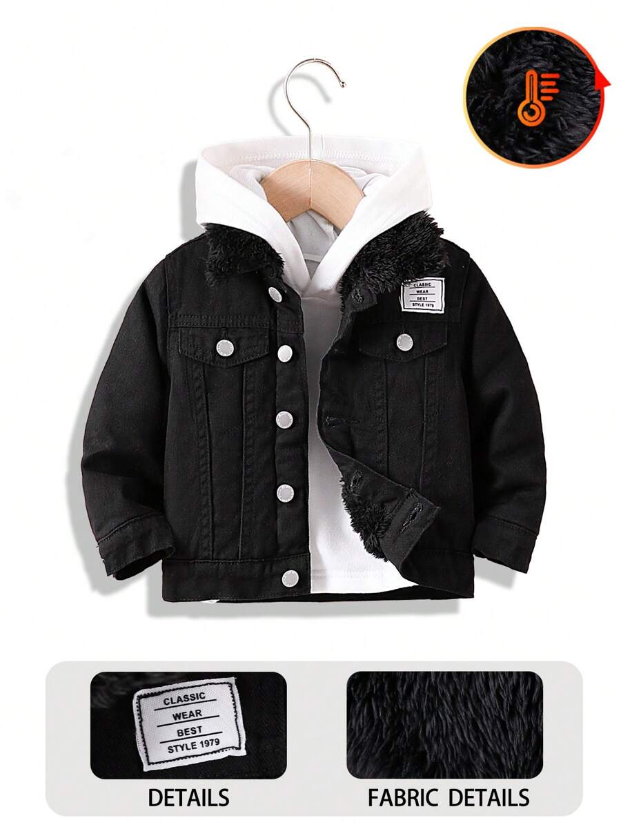 SHEIN Veste en denim doublée thermique mignonne noire à manches longues avec col châle pour bébés garçons, pour les tenues d'intérieur/extérieur des bébés garçons en automne/hiver