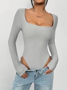 SHEIN EZwear Women Plain Color Long Sleeve Slim Fit Bodysuit, Casual Daily Wear