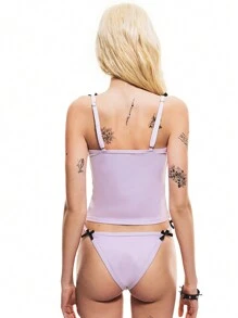 ROMWE Goth Women's Punk Bow Decor Slogan Cami Top And Brief Tankini Set, Halloween - Pink - View 2