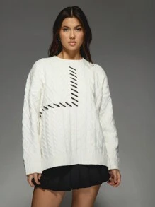 MISSGUIDED Oversized Cable Knit Jumper With Contrast Patchwork Design Autumn Winter Cozy Pullover Sweater Christmas Holiday Knitwear - Multicolor - View 4