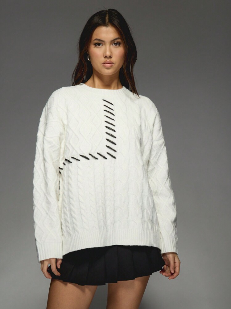 MISSGUIDED Oversized Cable Knit Jumper With Contrast Patchwork Design Autumn Winter Cozy Pullover Sweater Christmas Holiday Knitwear - Multicolor - View 4