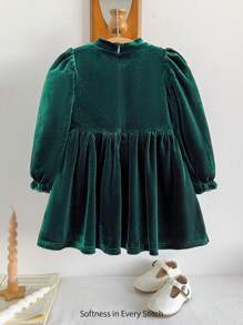 Cozy Pixies Baby Girl Decorative Big Bow Round Neck Puff Sleeve Cinched Waist Casual Versatile Dress For Christmas - Green - View 2