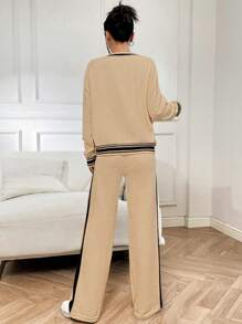 Chiquease 2 Stücke Damen Set, Farbblock Langarm Top mit Knöpfen vorne & Hosen, minimalistisch