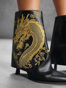 CUCCOO SZL 性感时尚尖头刺绣细高跟侧拉链休闲黑色踝靴女式新年假期 - 黑色 - 查看 10