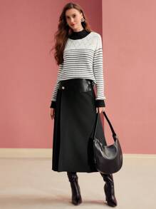 MOTF PREMIUM CONTRAST PU LEATHER BUTTON DETAIL SKIRT - Black - View 6