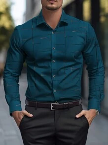 Manfinity Homme Men Long Sleeve Casual Shirt, Simple & Stylish For Everyday Wear, Fall - Teal Blue - View 1