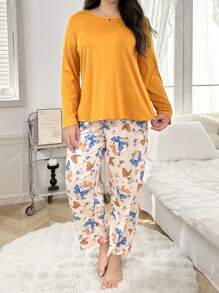 Solid Color Long Sleeve Shirt And Butterfly Print Long Pants Pajama Set
