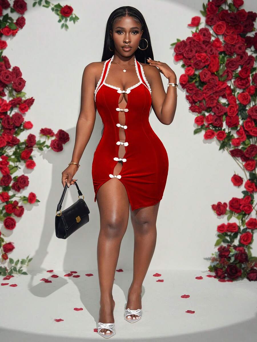 Slaydiva فستان ضيق جريء مع تصميم خرم في الجوانب وشق جانبي والياقة الحالكة، اللون الأحمر لعيد الحب، المقاس M - الأحمر - مشاهدة 1
